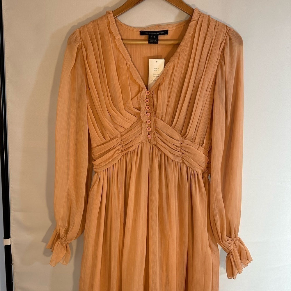 French Connection Akita Pleated Ruffled Long Sleeve Puff MIDI Dress Size 6 Pink - Picture 8 of 16